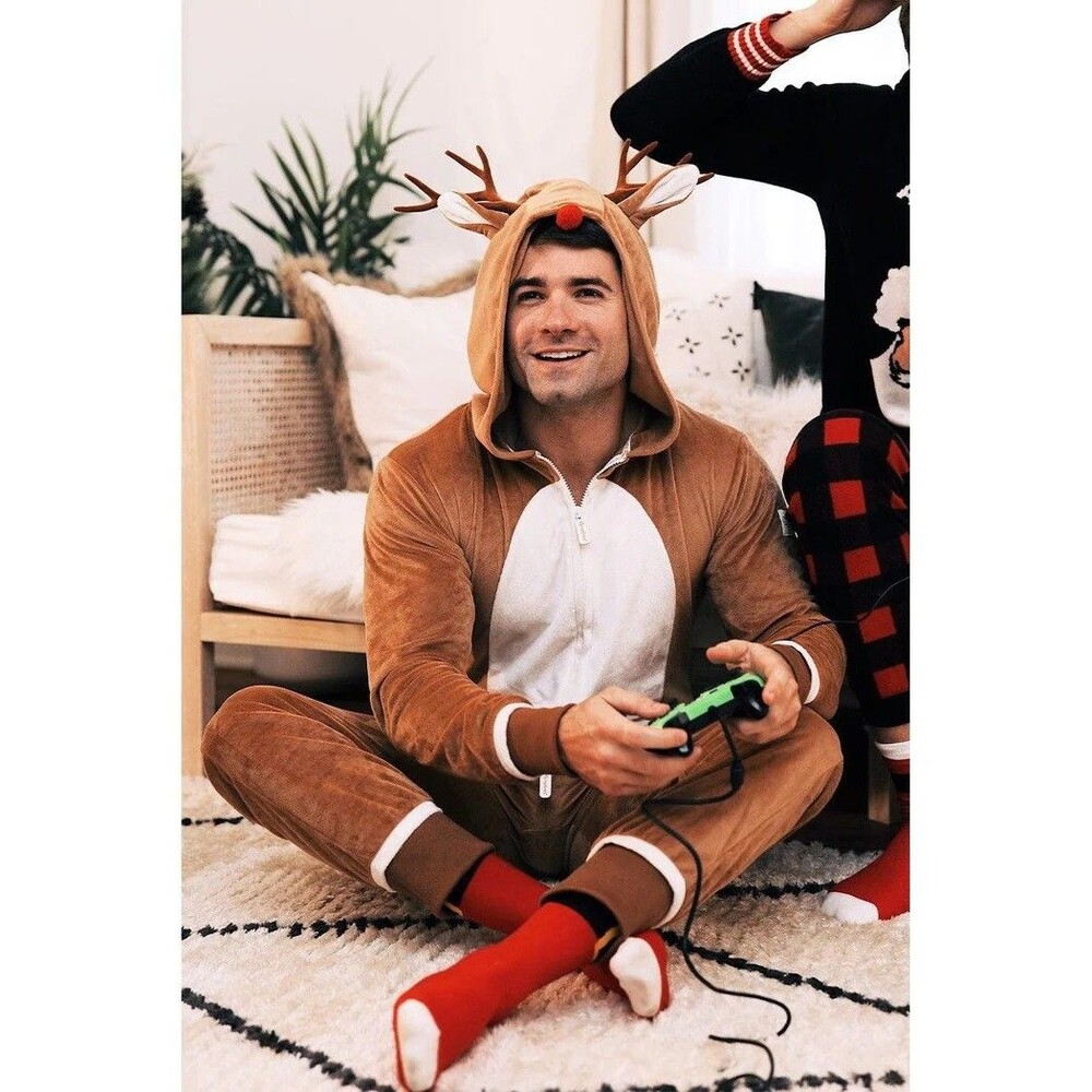 Tipsy Elves Reindeer Jumpsuit Mens M Brown Fuzzy Christmas Pajama